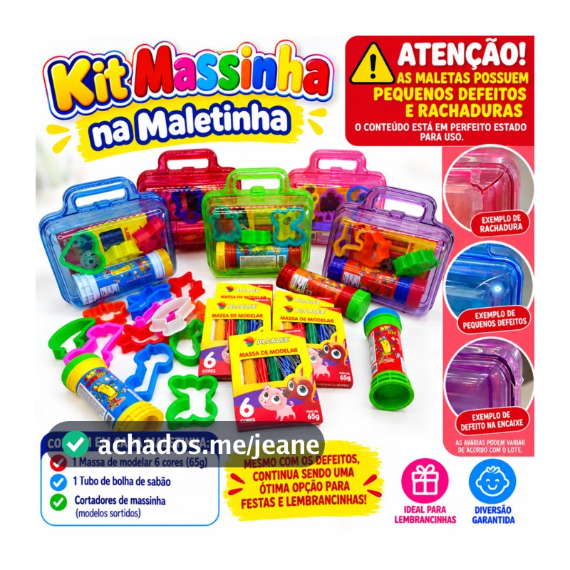 Kit 10 Massinha Modelar + 10 Bolha de Sabão + 20 Cortador de Massinha + 10 Maletinha Acrílico PROMOCIONAL LER A LEGENDA
