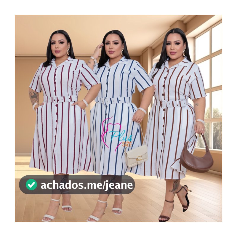 Vestido Midi Chemise Feminino Plus Size LISTRADO  Com Cinto Elástico nas Costas Tecido Duna