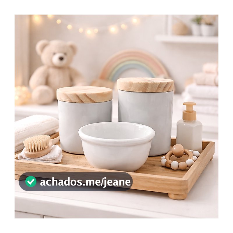 Kit Higiene Bebê Porcelana Maternidade Menino Menina com tampa Madeira 3 peças
