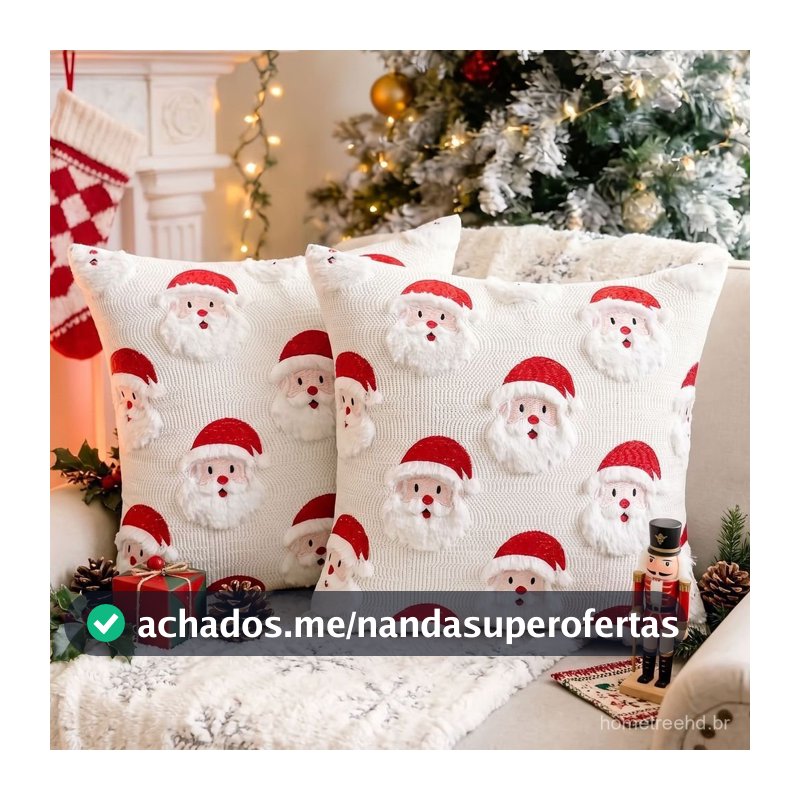 Capa de Almofada Papai Noel Bordado 45x45 Natal Sofá Sala Decoração Festa