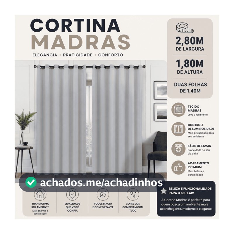 Cortina 1,80 X 2,80 Janela ou Porta Sala Quarto Ilhós Argola Tecido Madras Elegante Luxo