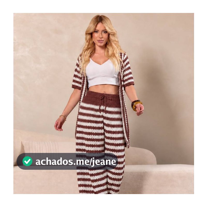 Conjunto Feminino Tricot Listrado Verão Cardigan Calça Pantalona Casaco Feminino Elegante Manga 3/4
