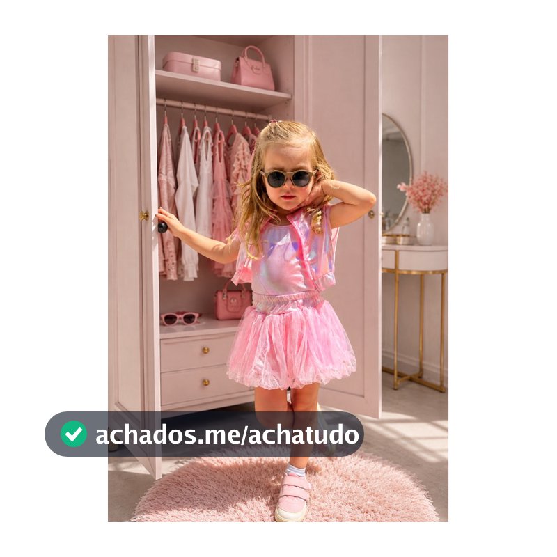 Conjunto Infantil 3 Peças – Colete Holográfico + Regata + Shorts Saia