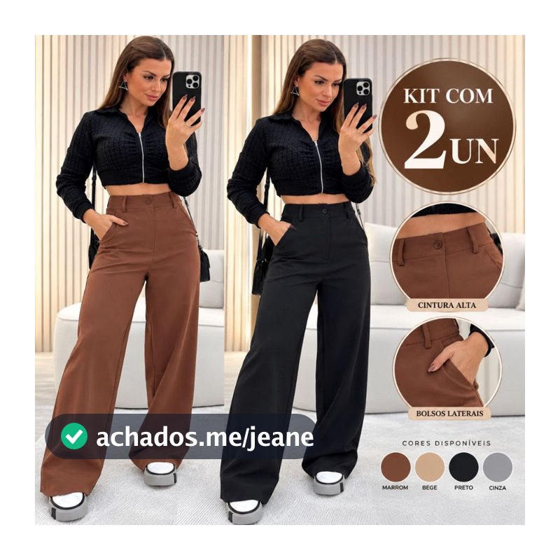 Kit 2 Calças Femininas Pantalona Alfaiataria Cintura Alta Wide Leg Com Bolso Elegante Casual
