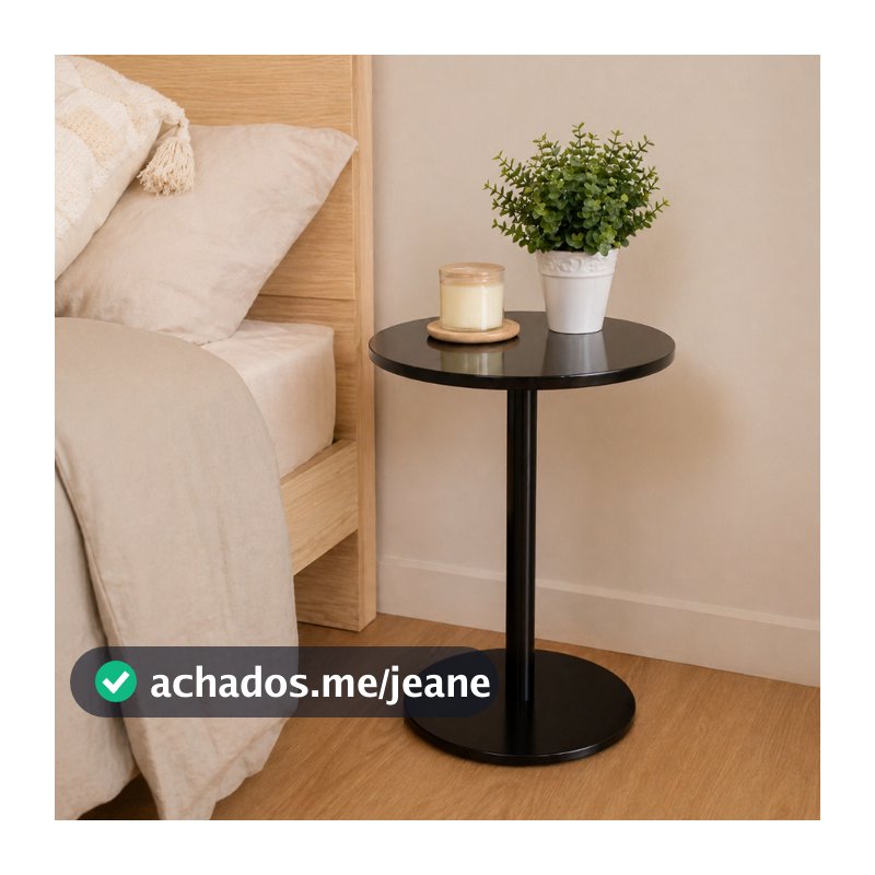 Mesa Lateral Redonda de Apoio Para Sofa e Cama Design Minimalista Compacta de Canto Preta