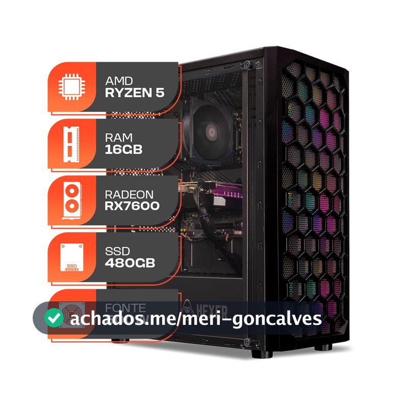 PC Gamer Spectrum, AMD Ryzen 5 5500, Radeon RX 7600 8GB, 16GB DDR4, SSD 480GB, Fonte 500W 80 PLus