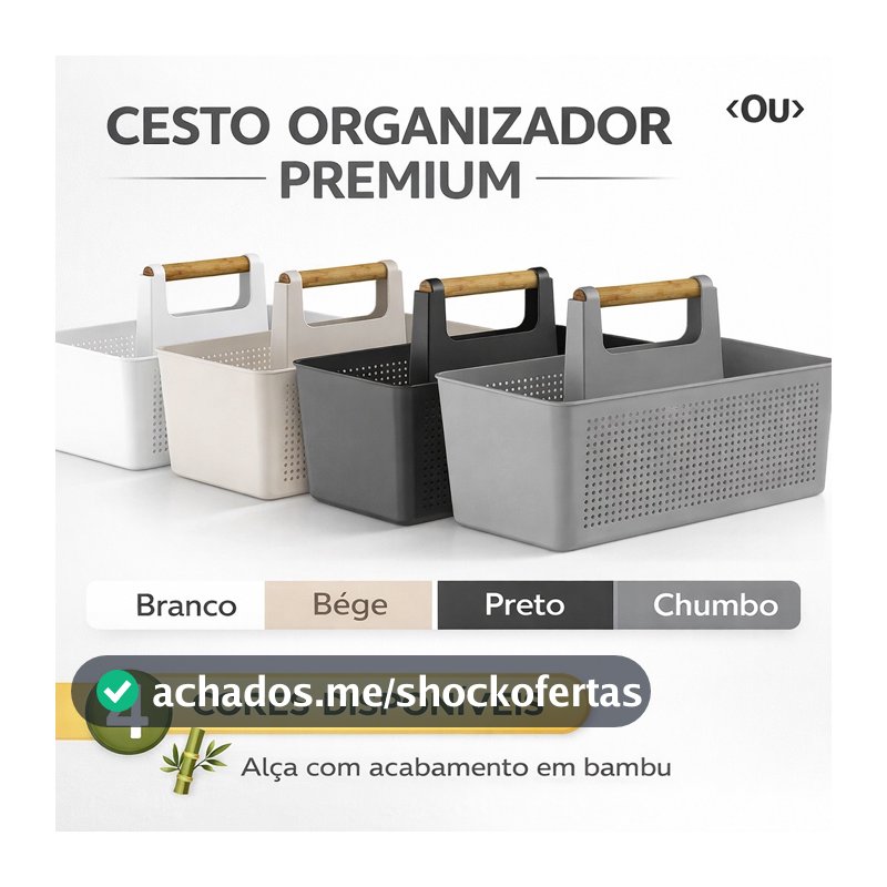 Cesto Organizador Multiuso 8L Flow Com Alça Bambu Lavanderia Limpeza Armário Cozinha Plástico