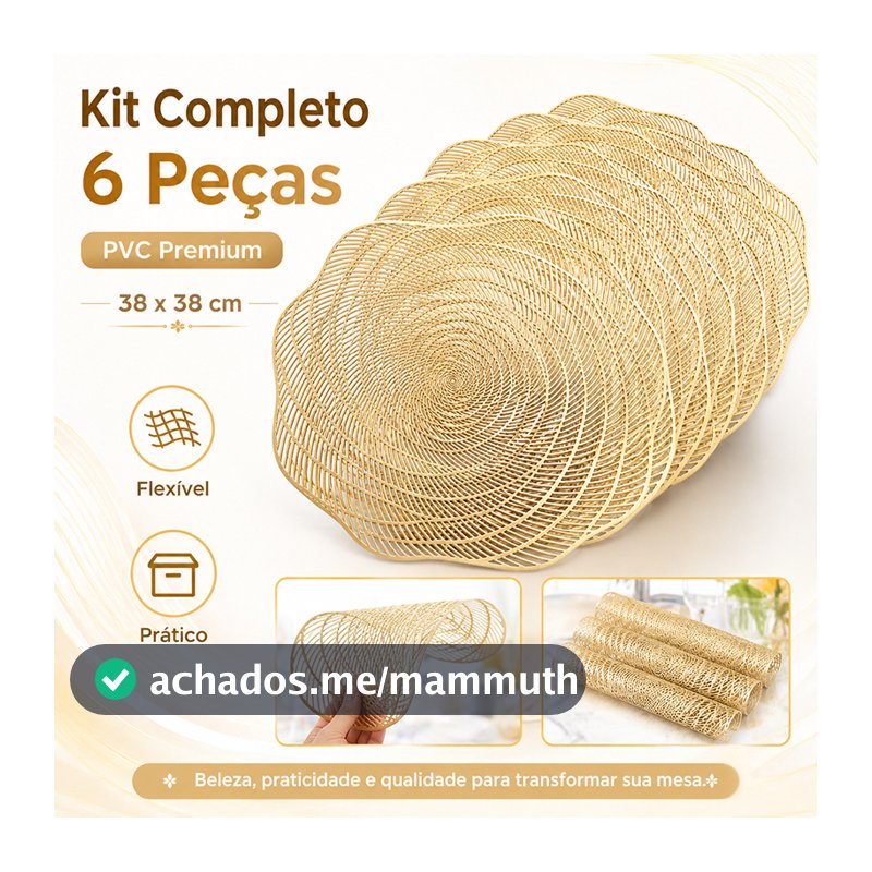 Kit 6 Jogo Americano Sousplat PVC Redondo Dourado Para Mesa de Cozinha Sala de Jantar