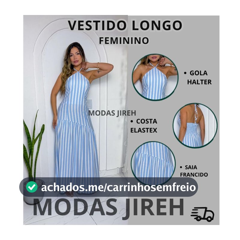 Vestido Longo Feminino Viscolino  Listrado Gola Halter Elegante Acinturado Casual Festa Moda Feminina