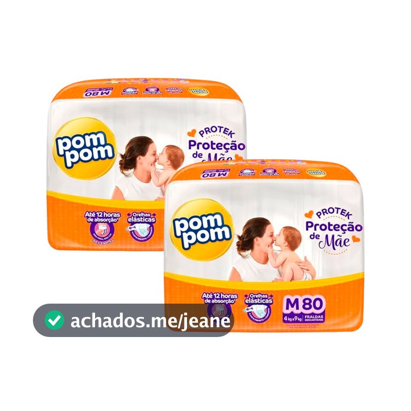 Kit 2 Fralda Descartável Pom Pom Protek Hiper M - 80 Unidades