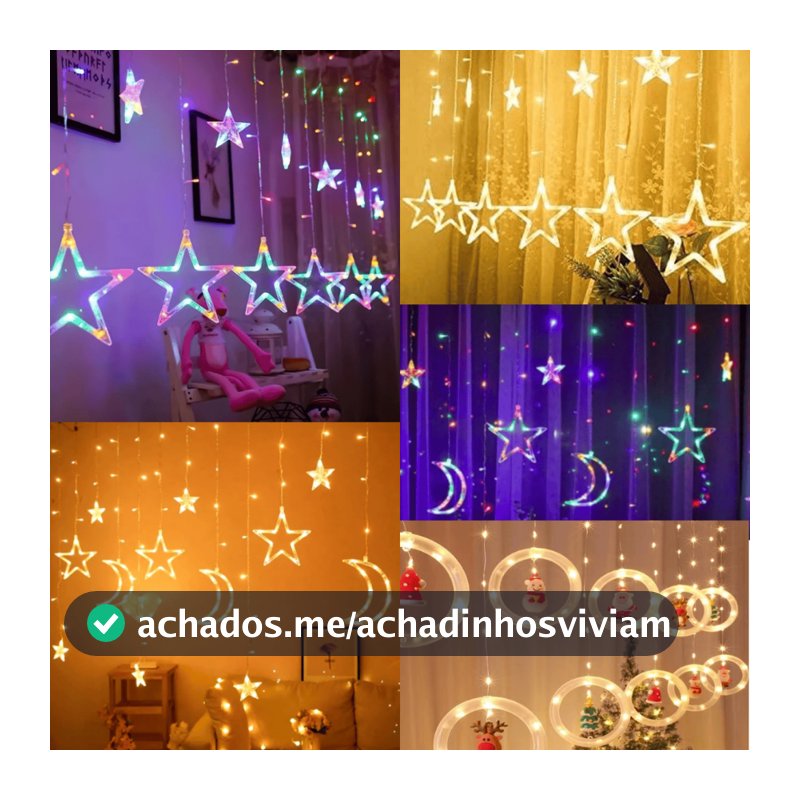 Cascata Led Pisca Pisca Cortina Luz RGB Amarela Decoração Natal Estrela Lua Papai Noel Neve Sacada