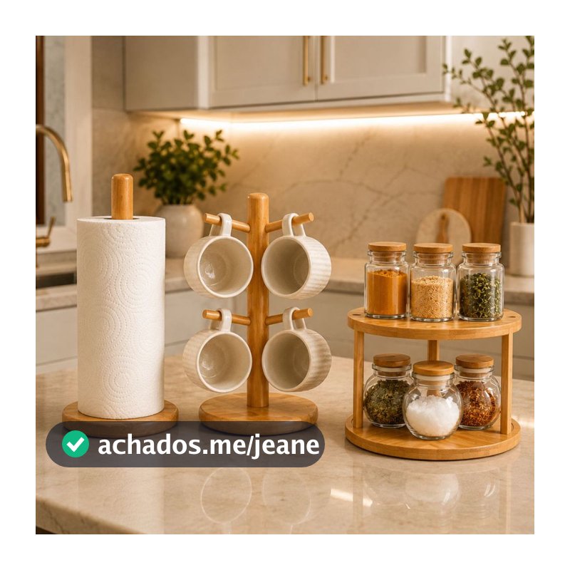 Cozinha Completa Bambu Premium Porta Temperos Porta Xícaras  Porta Papel Toalha Envio Imediato