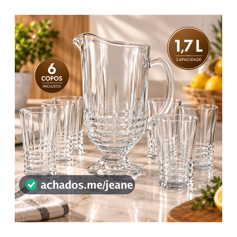 Jogo de Jarra de Vidro 1,7L com 6 Copos 370ml para Água e Suco 7 Peças
