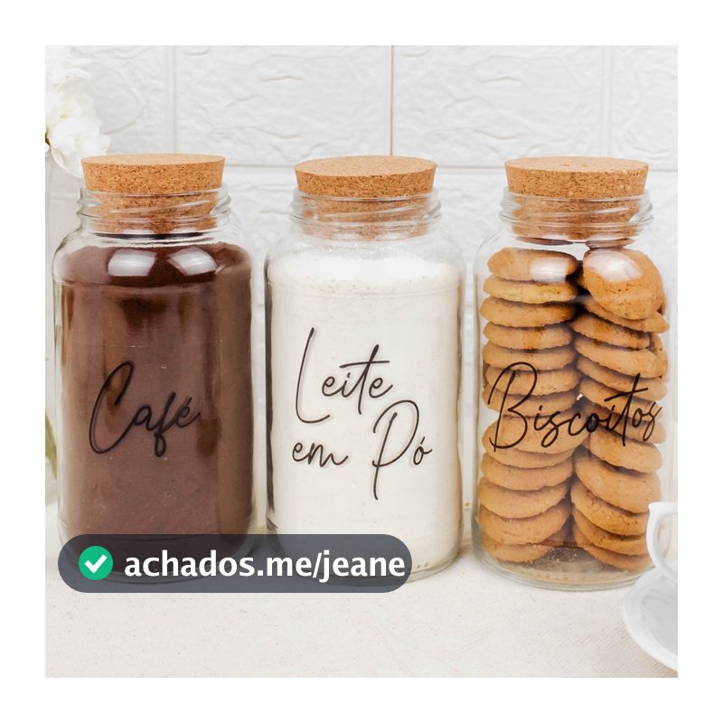 Kit Cantinho do Café - Café, Leite em Pó e Biscoitos | 3 potes de Vidro 810ml com Tampa Rolha + Adesivos