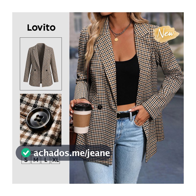 (New Arrival) Lovito Blazer Feminino Xadrez Elegante De Manga Longa Com Lapela E Botões Para Trabalho Fim De Semana Caqui BZK9BR178
