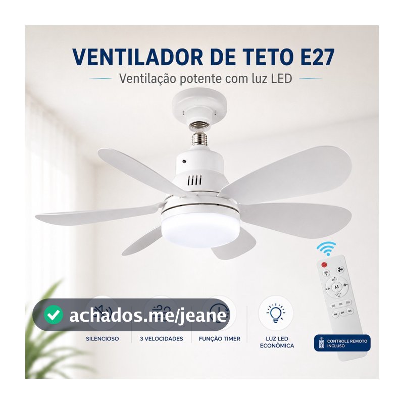 Ventilador De Teto Luz LED 60W/80W Com 6 Hélices 3 Tipos De Luz Bivolt Com Controle Remoto