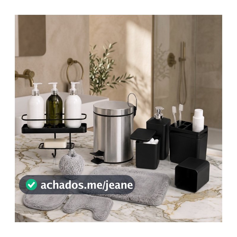 Kit Banheiro 4 Peças  Porta Shampoo Jogo de Tapetes Kit Porta Escova Lixeira  Inox 5L