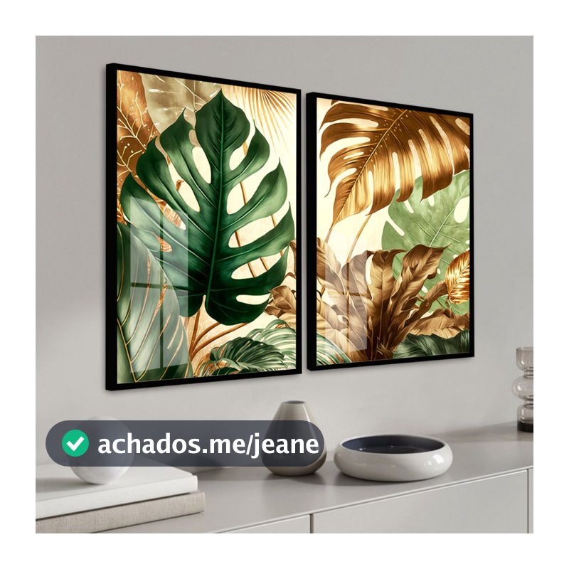 Quadro Moldura e Vidro Kit 2 Peças Grandes Folhagem Verde Dourada Decoração Quarto Sala Escritório