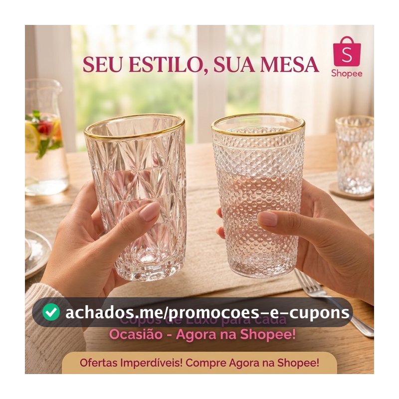 Jogo 6 Copos Vidro Borda Dourada 350ml Diamond ou Imperial Mesa Posta Luxo