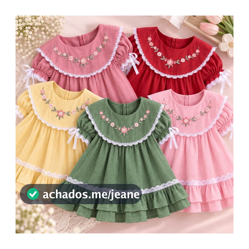 Vestido Bebê Confortavel Vestido Menina Infantil Gola Bordada Floral Babado Laço Vestido Festa Delicado