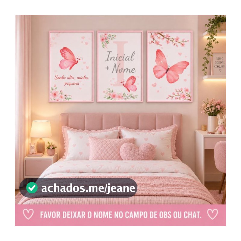 Kit 3 Quadros Decorativos Infantil Borboleta Rosa Personalizado com Nome Para Quartos de Menina