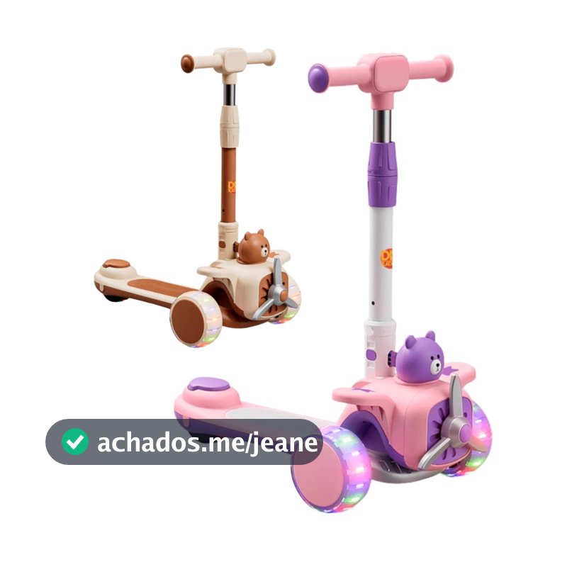 Patinete Aviãozinho Feliz Infantil 3 Rodas Dobrável com Luz Led Som DM Toys DMR6816 Rosa / Bege