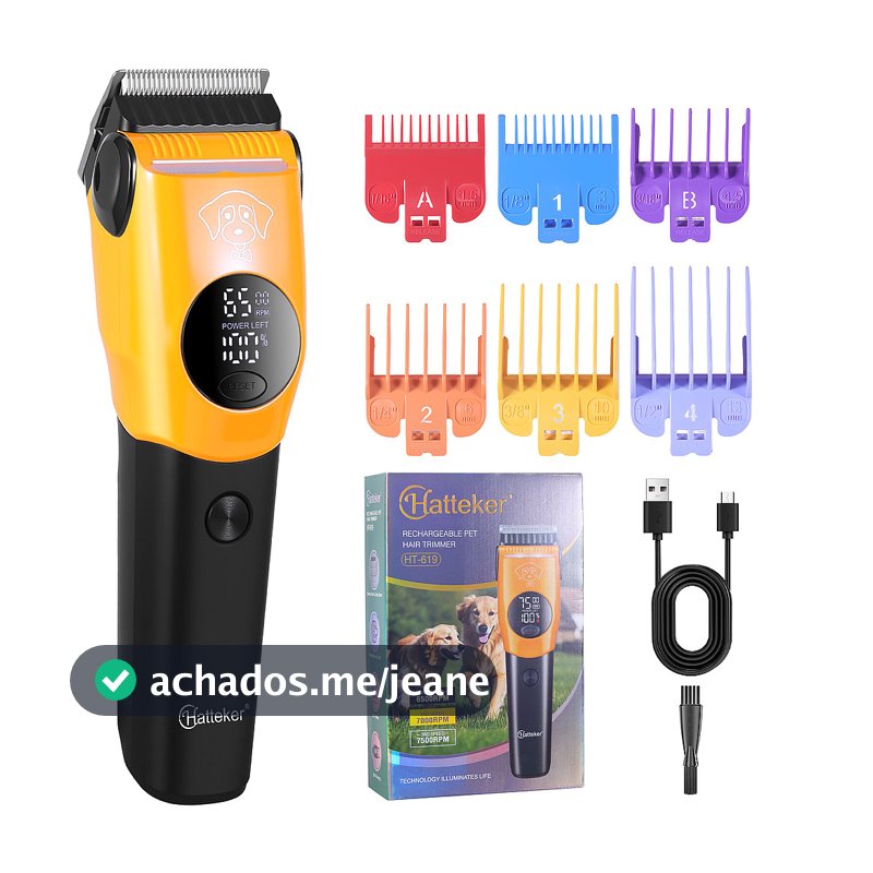 Máquina de Tosa para Pets Profissional Recarregável 6 Pentes Hatteker Display LED Gatos Cãos Premuim