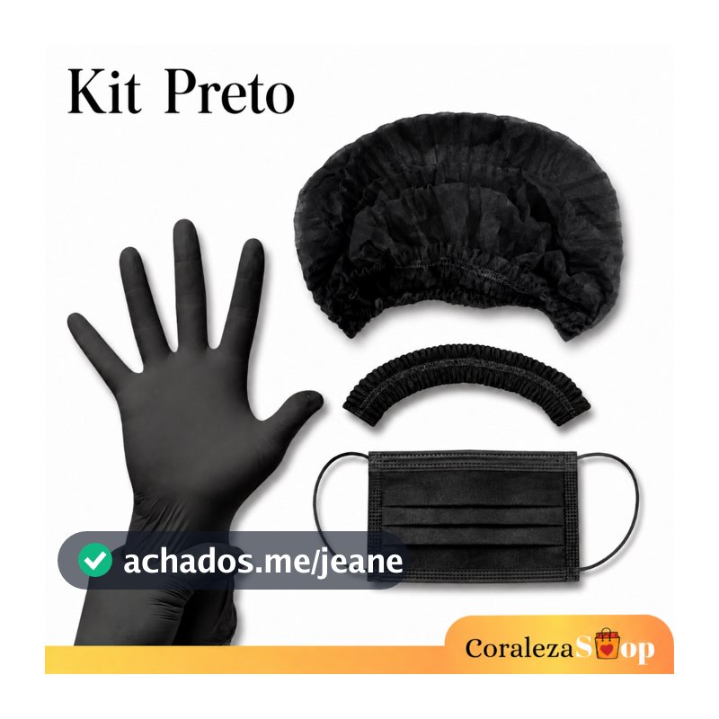 Kit 100 Luva Nitrílica Preta/Preto +100 Touca TNT + 50 Máscara Tripla Camada Com Clipe Nasal