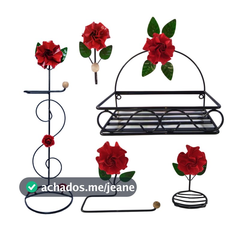 Kit Banheiro Com Flor Decorativa Rústico Artesanal Com 5 Itens Super Resistentes E Duráveis - Vermelho