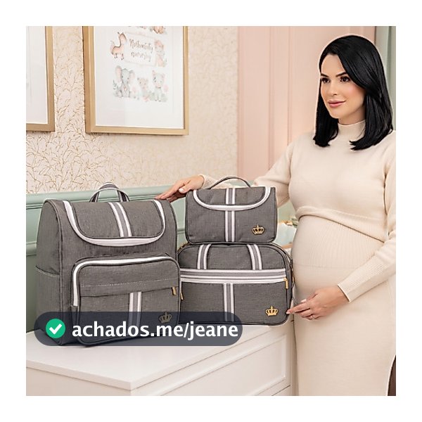Kit Classic Cinza Bolsas Maternidade 03 peças Mala  Mochila e Necessaire