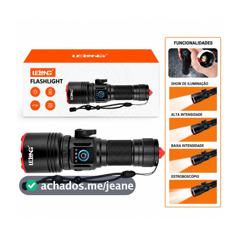 Lanterna Tática LED Premium Recarregável 1200lm Zoom Foco Ajustável Alumínio USB-C 3500mAh
