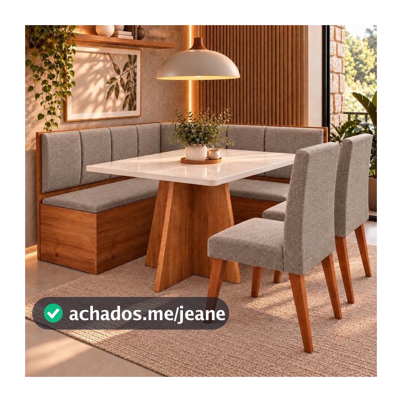 Conjunto Canto Alemão com Baú Mesa 120x77,8cm Tampo com Vidro e 2 Cadeiras Milão Bege/Mel/Off White/ Kaki/Mel/Off