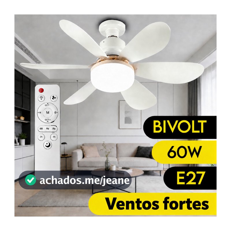Ventilador de Teto Com Luz LED 60W Silencioso 6 Pás Controle Remoto Wind Light Branco E27 Moderno Para Quarto Sala