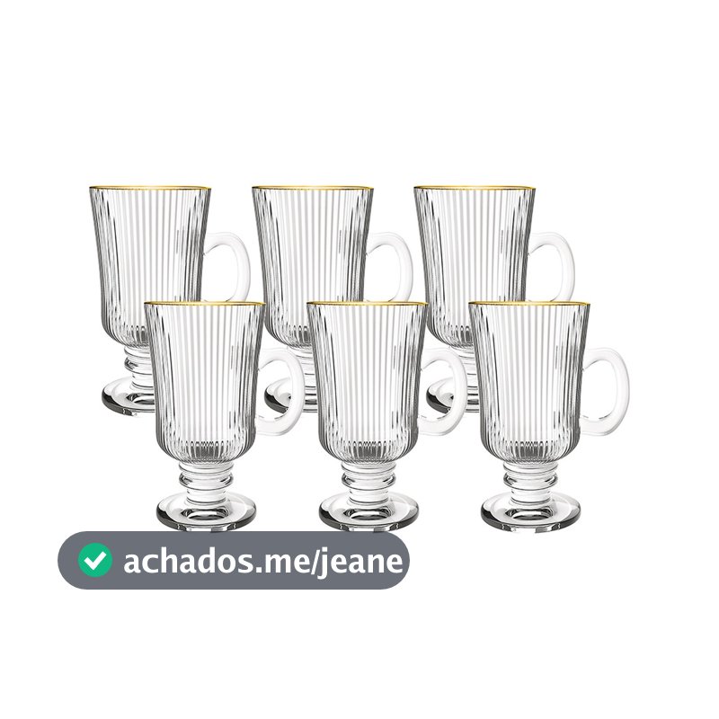 Jogo 6 Canecas Irish Coffee de Vidro Transparente com Borda Dourada 220ml Graffiato Hauskraft