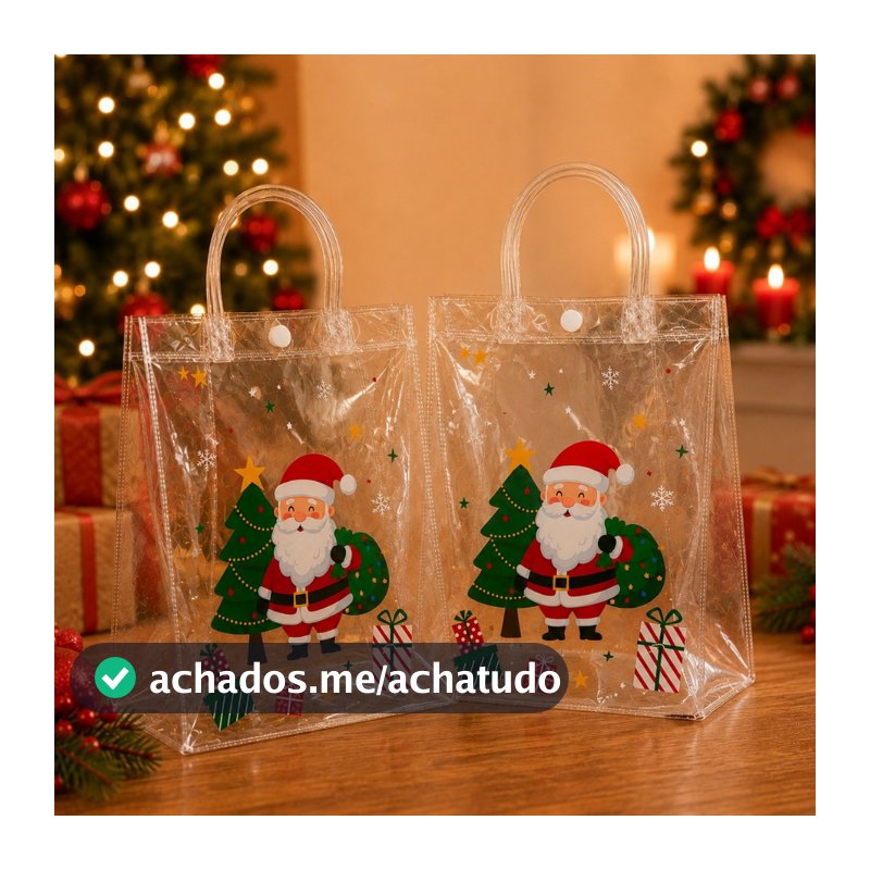 Conjunto Sacolas Natalinas Transparentes Com Alça E Botão 20cm