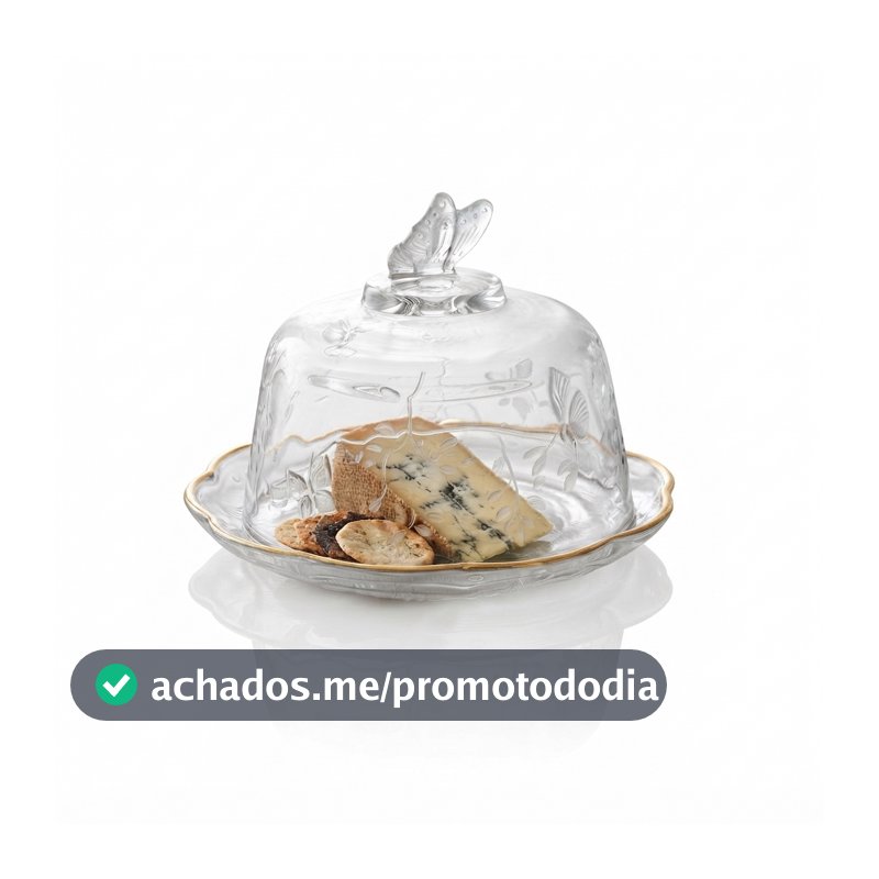 Queijeira de Cristal com Tampa Lyor New Butterfly Fio de Ouro 19cm Mesa Posta Servir Queijo Frios Presente Luxo Elegante