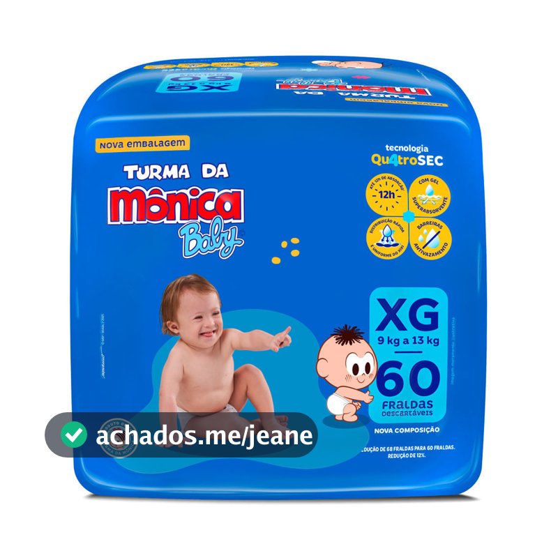 Fralda Turma da Mônica Baby Qu4troSEC Tamanho XG 60 Unidades Descartáveis