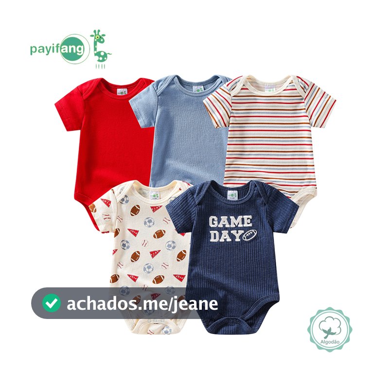 Kit 5 Peças Body Manga Curta Bebê Mistura Algodão Poliéster Estampa Esportes Durável Dia a Dia