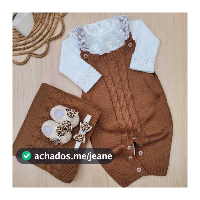 Saída maternidade menina Jardineira marrom kit oncinha tricot 5 peças completa
