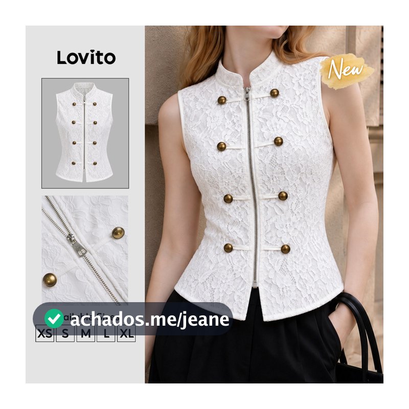 (New Arrival) Lovito Blusa Feminina Jacquard Offwhite Sem Mangas Gola Alta 2 botões E Abertura Frontal TKT205P2D033