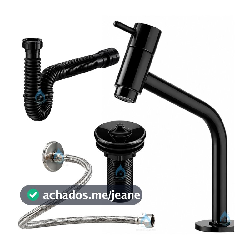 Kit Torneira Banheiro Preta Alta Luxo Completo Com Válvula Lavatório Sifão Universal Engate Flexível Premium