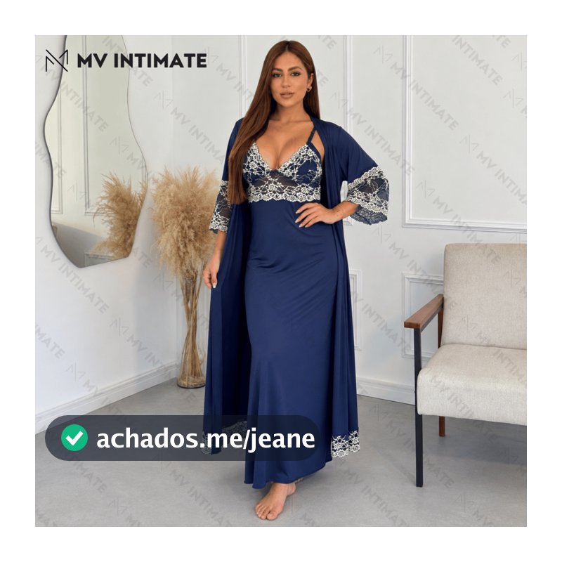Kit Robe e Camisola Longos de Amamentação Sem Bojo em Microfibra Light com Renda Bicolor
