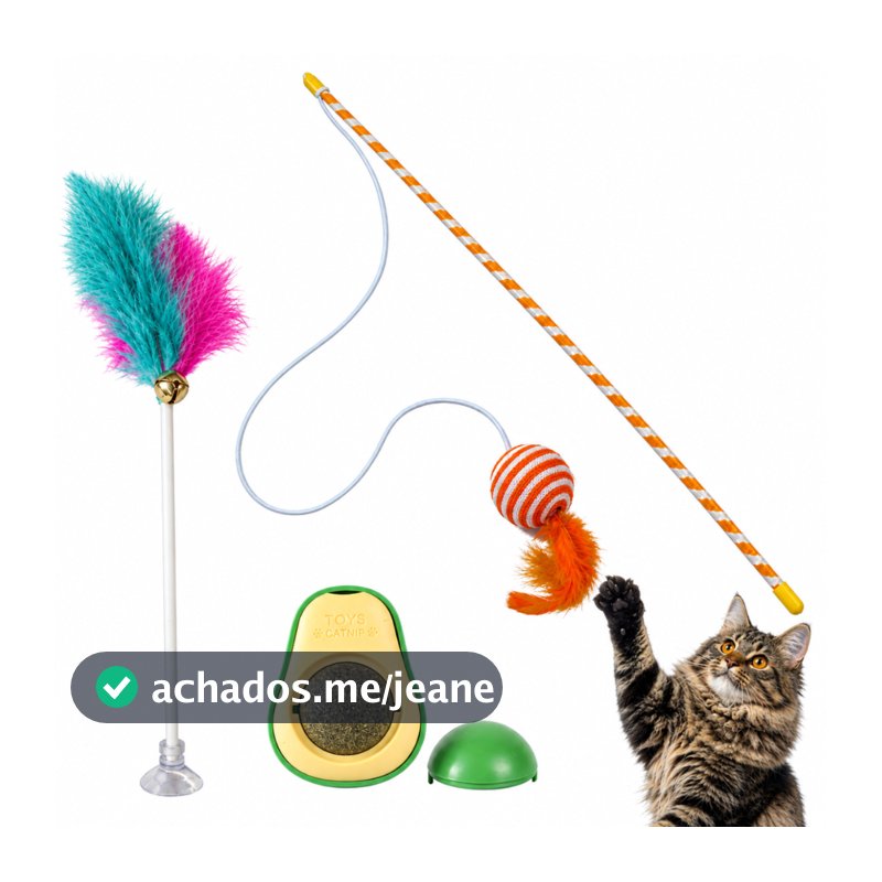 Kit 3 Brinquedos Para Gatos Varinha Interativa Pena Com Ventosa Catnip Abacate