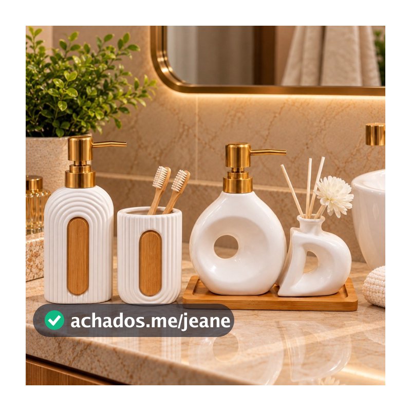Kit Banheiro Lavabo Porta Sabonete Liquido Dispenser Porta Escova de Dente Difusor Cerâmica Luxo Branco Bambu