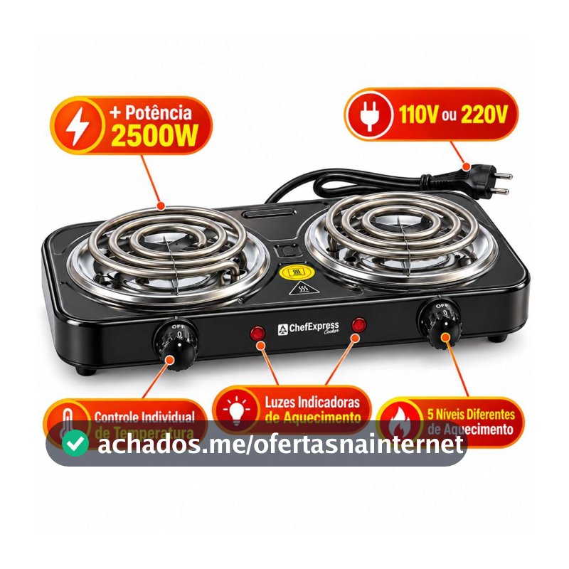 Fogão Elétrico de Mesa 2500W 2 Bocas Fogareiro Portátil Cooktop 110V 220V Prático Camping Viagem ChefExpress
