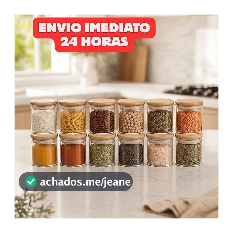 Kit 12/6 Potes de Vidro 200ml com Tampa de Bambu Hermético Mantimentos Condimentos Empilhaveis