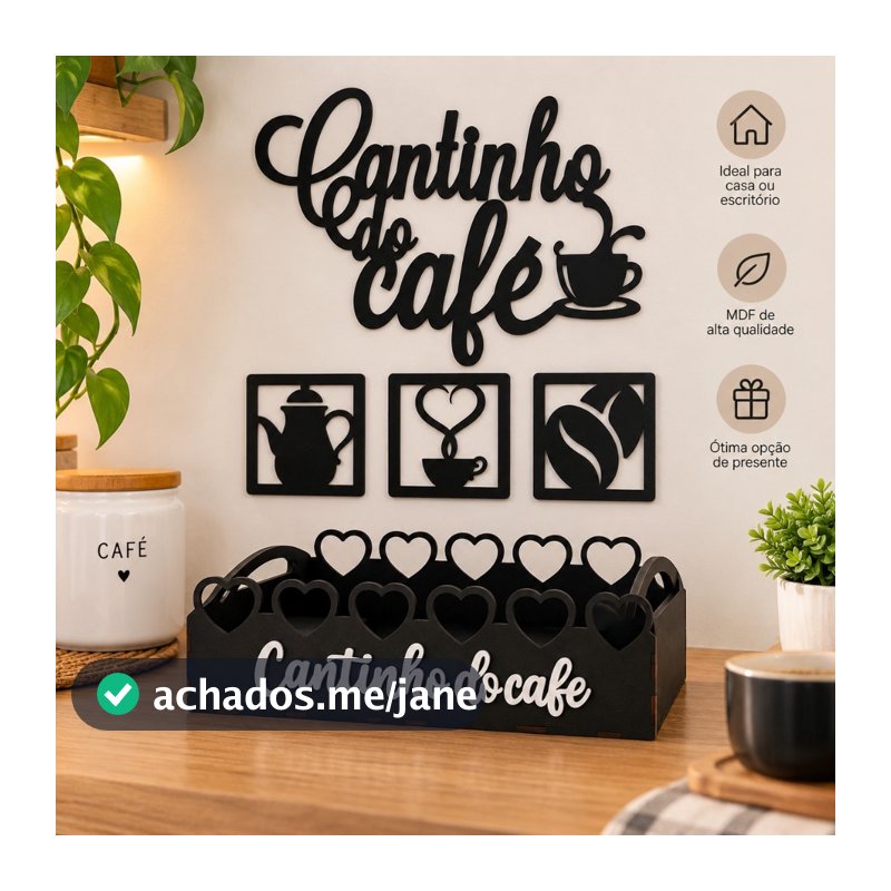 Kit Bandeja 4 Apliques Cantinho do Café em MDF Preto 3mm Bandeja Coração Aplique de Parede