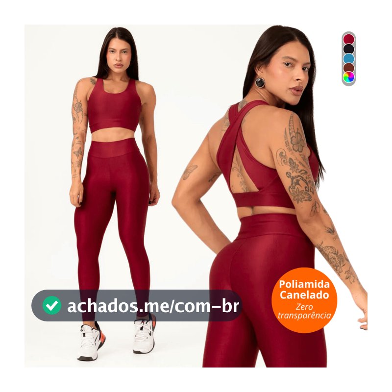 Conjunto Feminino Fitness Poliamida Canelado Zero Transparencia Legging e Top Academia Treino