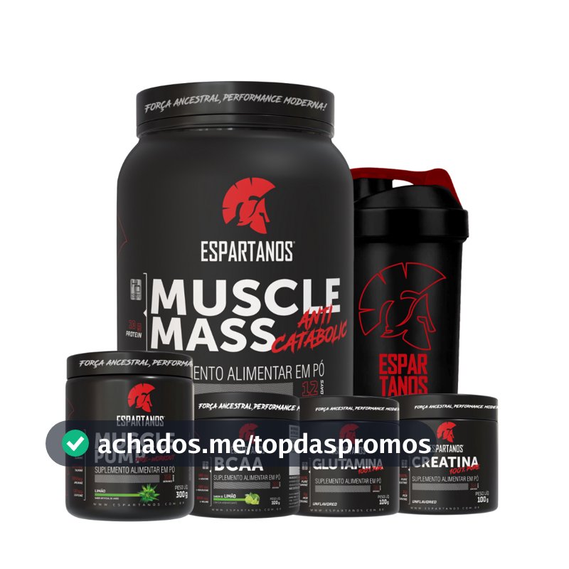 Kit Muscle Mass 1,8kg + BCAA + Creatina + Glutamina + Pré Treino + Coqueteleira - Espartanos