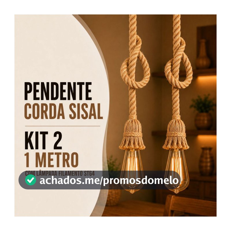 Kit 2 Pendente Corda 1 Metro com 2 Lâmpada Filamento Âmbar ST64 Bivolt 110v/220v Vintage Decorativo